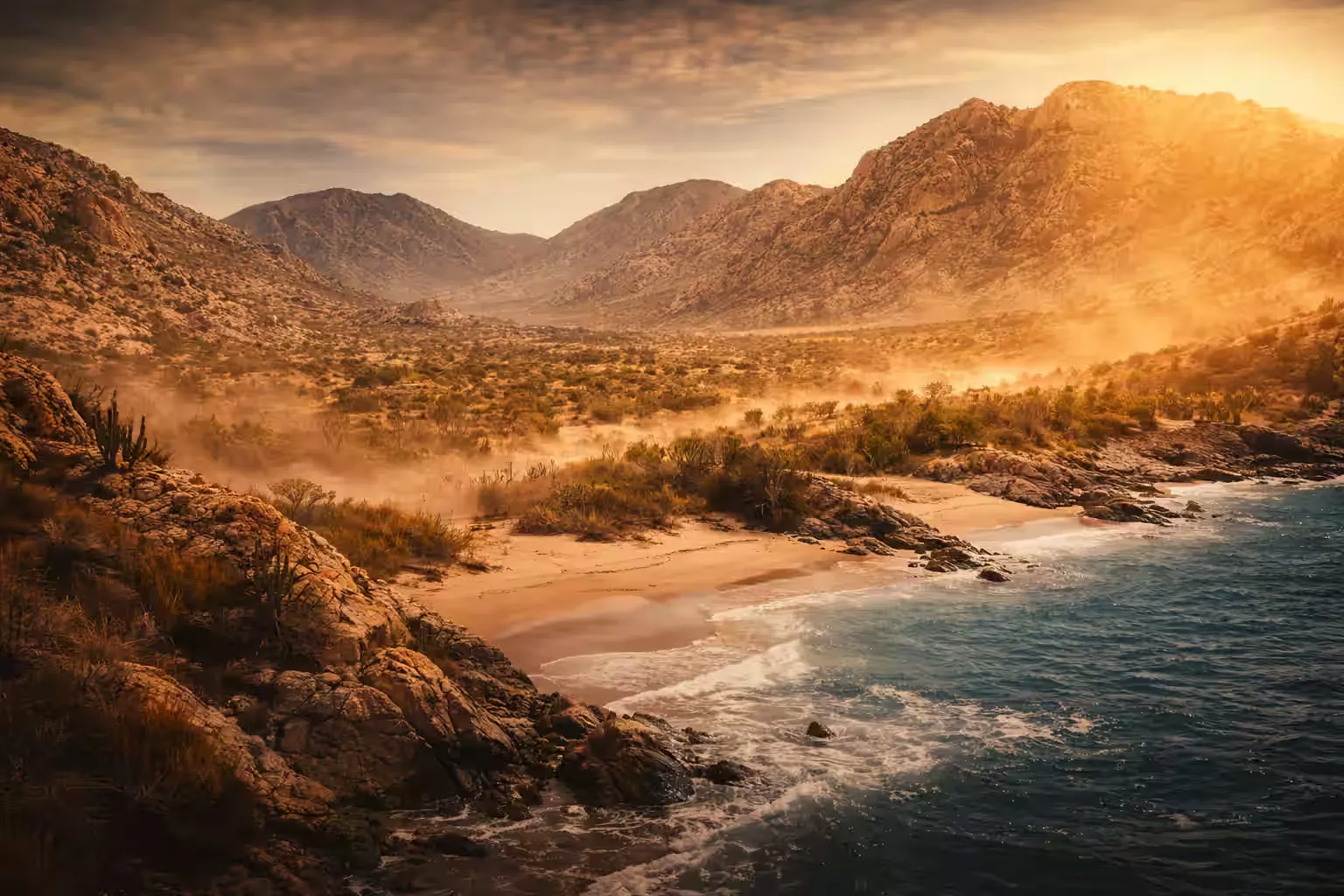 Golden sunset over rocky desert mountains and turquoise ocean beach in Baja California Sur