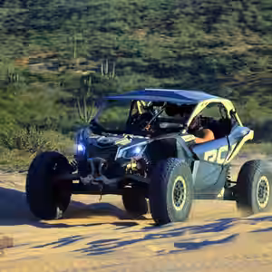 Can Am x3 Blue buggy on sandy desert trail with saguaro cacti and desert vegetation in Baja California Sur